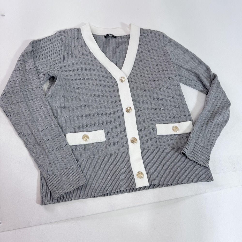 Adrianna Papell Cardigan Sweater Womens Medium Gray Contrast Trim Gold Buttons